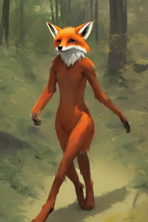 Prompt: anthro digitigrade natural - colored cartoon fox person, walking upright in a forest, greg rutkowski, gregory manchess