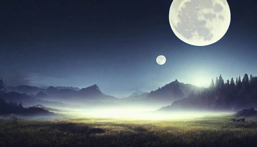 Image similar to a beautiful landscape at night, big moon on the right, stars in the sky, matte painting, dark blue tones, high contrast, intricate details, concept art, 4 k