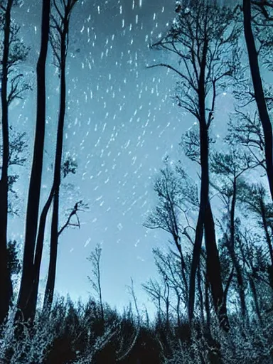 Image similar to wrought silver forest under a moonlit star filled sky filled with fireflies