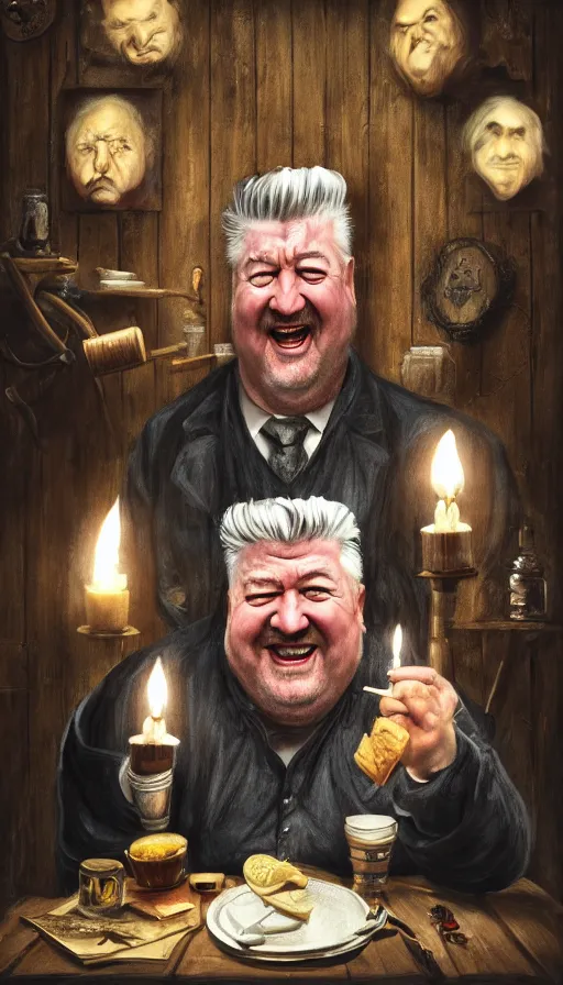 Image similar to david lynch as fat drunk tavern owner, apron, laughing, candles, fame of thrones, warhammer, fibonacci, sweat drops, intricate fashion clothing, insane, intricate, highly detailed, surrealistic, digital painting, artstation, concept art, smooth, sharp focus, illustration, unreal engine 5, 8 k, art by artgerm and greg rutkowski and alphonse mucha