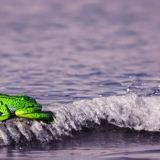 Prompt: photograph of a frog on a surfboard, catching a wave, high quality, clean, sharp focus, enhanced colors, hd, 8k