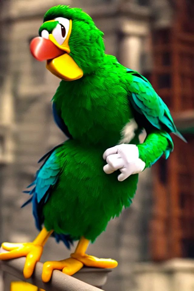 Image similar to donald duck as a green parrot in the harry potter universe