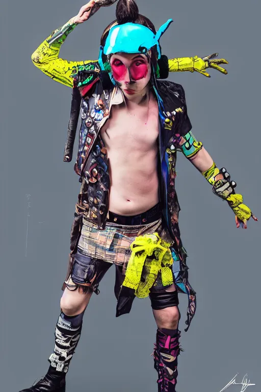 Prompt: a male character wearing a diy! costume, punk, with fluo colored details and a transparent helmet, muted colors, vivienne westwood, nausicaa, hyper real painting