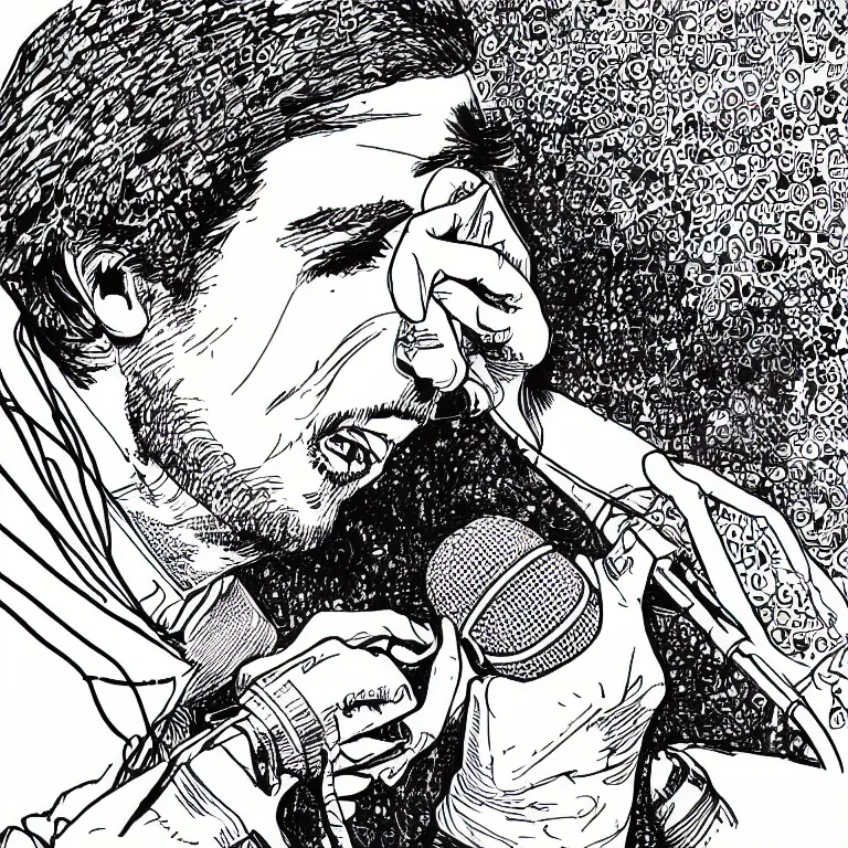 Prompt: rapping into microphone, epic angle, profile view, illustrated by Victor Moscoso