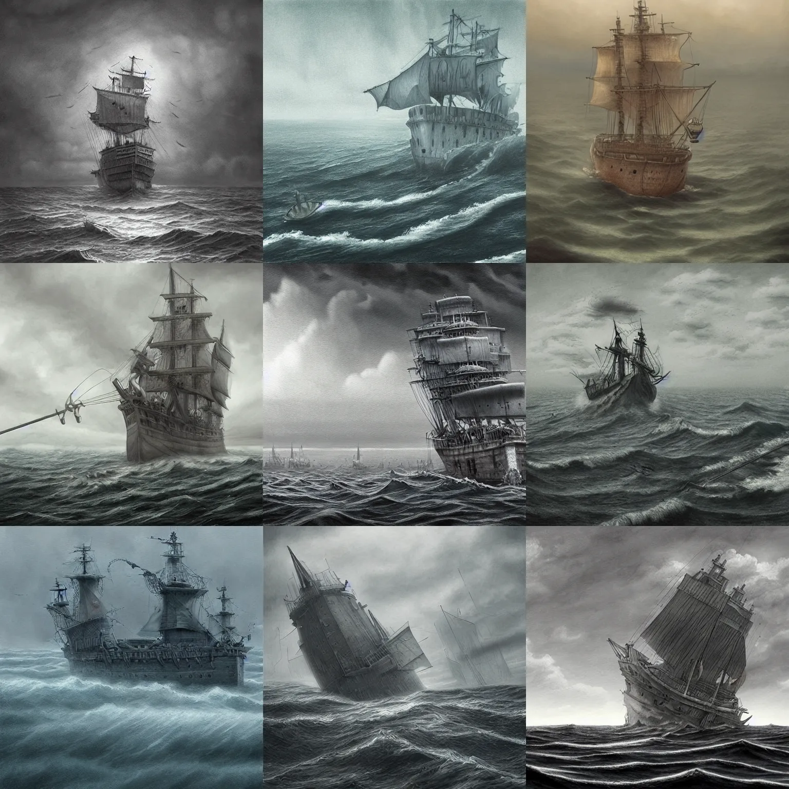 Prompt: a ship in the ocean in the style of John Kenn Mortensen, realistic painting, high definition, digital art, matte painting, very detailed, realistic