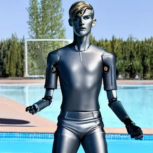 Image similar to a realistic detailed photo of a guy who is an attractive humanoid who is half robot and half humanoid, who is a male android, soccer player martin ødegaard, shiny skin, posing like a statue, blank stare, by the pool, on display, showing off his muscles, humanoid robot, frozen ice statue