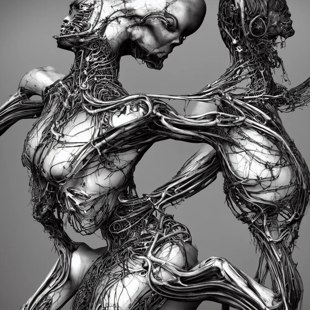 Prompt: a beautiful female is infected with a biomechanical suit, octane render, hyper realistic, art by hr giger, full profile, epic angle