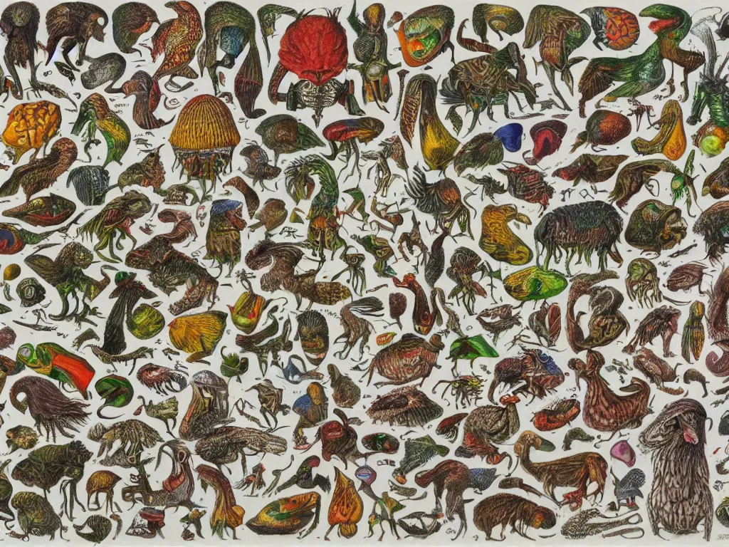 Image similar to codex seraphinianus creatures in real life, 3 5 mm photography flash on