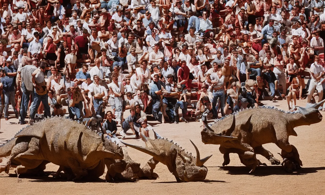 Prompt: a toreador facing off against a horned dinosaur in the plaza de toros, madrid. extreme long shot, midday sun, kodachrome