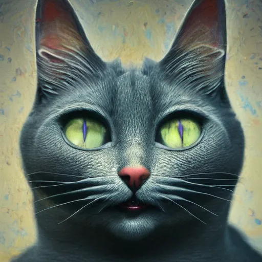 Prompt: a beautiful surreal cat smiling, highly detailed, liquid oil paint, gustave dore, leonardo da vinci, trending on artstation, lucid and intricate, rectilinear, digital art, octane, redshift, vray, 8 k, 6 4 megapixels, zbrush central, behance hd, hypermaximalist, well rendered