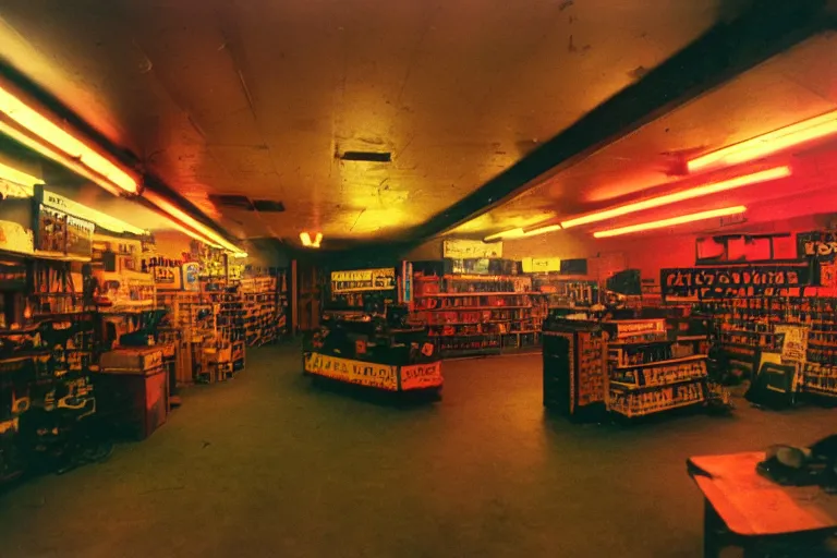 Prompt: inside of a 1970s music store store, neon lights, dirty, ektachrome photograph, volumetric lighting, f8 aperture, cinematic Eastman 5384 film