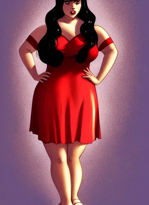 Image similar to full body portrait of teenage veronica lodge, obese, bangs, sultry, realistic, sultry smirk, wavy hair, red skirt, fat, belly, intricate, elegant, glowing lights, highly detailed, digital painting, artstation, concept art, smooth, sharp focus, illustration, art by wlop, mars ravelo and greg rutkowski