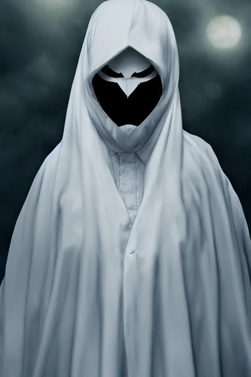 Image similar to characters portrait of Moon Knight mixed with Ghostface by Alyssa Monks, full-shot, merged character, Full body shot, cinematic opening shot, 4k, highly detailed, cinematic lighting