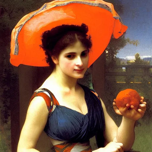 Prompt: woman with an orange and blue maximalist garment, by bouguereau