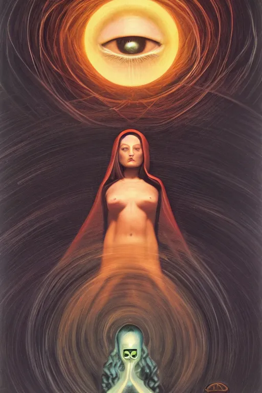 Prompt: gorgeous robed cult girl performing realism third eye ritual, dark theme night time, expanding energy into waves into the ethos, epic surrealism 8k oil painting, portrait, perspective, high definition, post modernist layering, by David A. Hardy, Gerald Brom