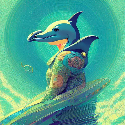 Image similar to a beautiful hyperdetailed character design 4 k wallpaper illustration of a cute dolphin, victo ngai cyberpunk style, from china, style of studio ghibli, makoto shinkai, raphael lacoste, louis comfort tiffany, artgerm, james jean, ross tran, chinese style