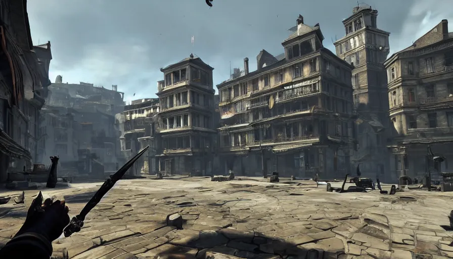 Image similar to first person view of a town square in the game dishonored, fantasy