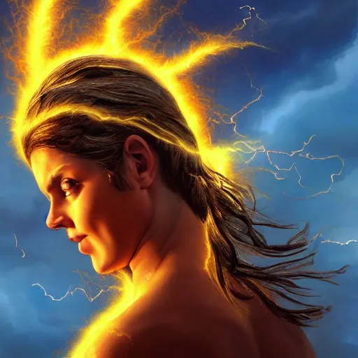 Image similar to Bright explosive Birth of Athena from the head of lightning god Zeus, hyperrealism, no blur, 4k resolution, ultra detailed,