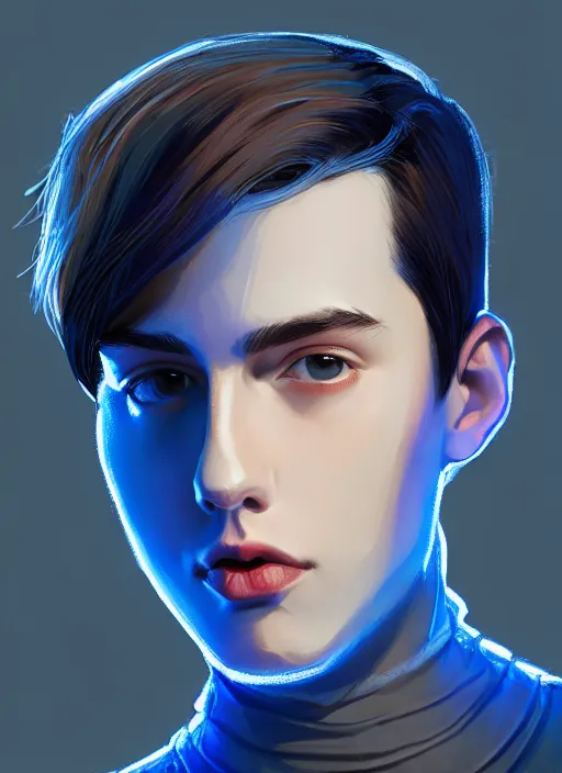 Image similar to portrait of teenage jughead jones wearing a light grey crown, crown, blue turtleneck, closed eyes, photorealistic, black hair, glowing lighting, intricate, elegant, glowing lights, highly detailed, digital painting, artstation, concept art, smooth, sharp focus, illustration, art by wlop, mars ravelo and greg rutkowski