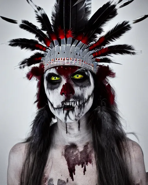 Image similar to the ghost - spirit of the grim - warpaint wears the scarlet skull armor and native blood headdress feathers, midnight fog - mist!, cinematic lighting, various refining methods, micro macro autofocus, ultra definition, award winning photo