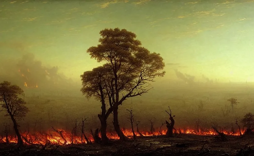 Prompt: a plague of locusts over burning forest. desolate landscape. fields on fire. greg rutkowski gustave dore caspar david friedrich dystopian hyperdetailed landscape. millions of tiny locusts in the sky