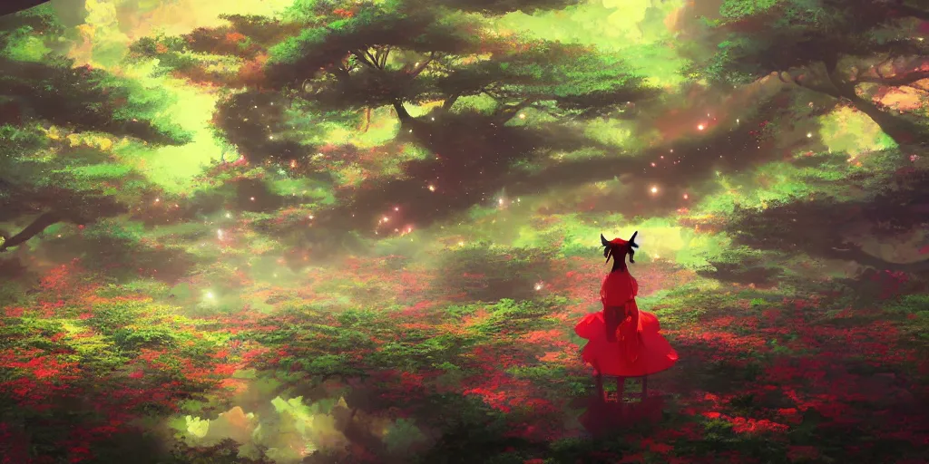 Prompt: reimu walking in a cloud pond forest dusk, japanese shrine fractal dreamscape, shattered sky cinematic, shooting stars, mirror reflection, vibrant colors, digital anime illustration, award winning, by makoto shinkai