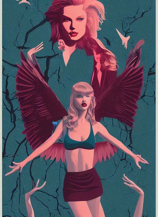 Image similar to Twin Peaks poster artwork by Michael Whelan and Tomer Hanuka, Karol Bak of portrait of Taylor Swift the local cheerleader, from scene from Twin Peaks, clean, simple illustration, nostalgic, domestic