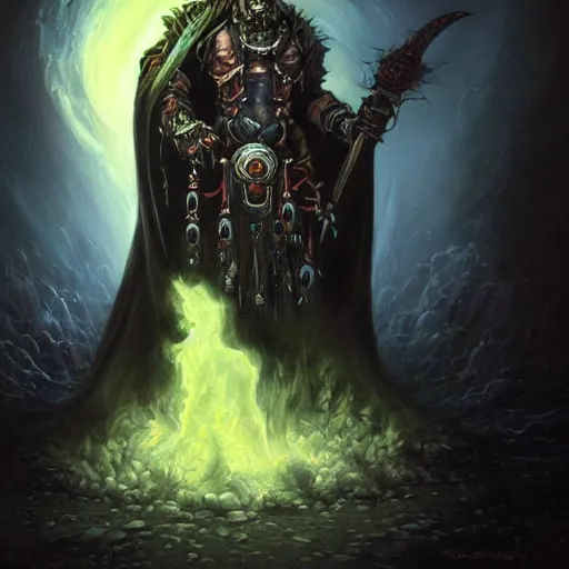 Image similar to a hyper realistic oil painting of a necromancer from diablo, dark fantasy, horror, retro fantasy