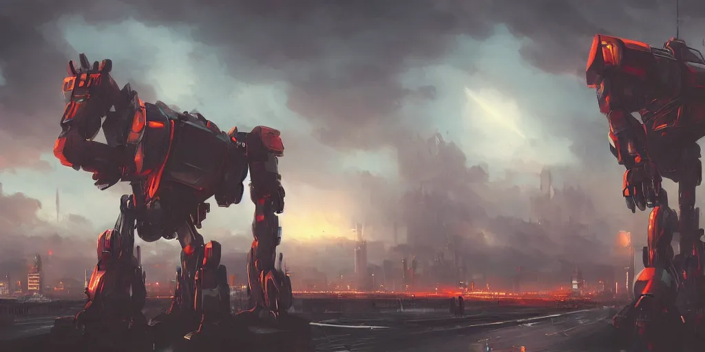 Image similar to a giant robot attacks a science - fiction city, ominous sky, federico pelat, evening, artstation
