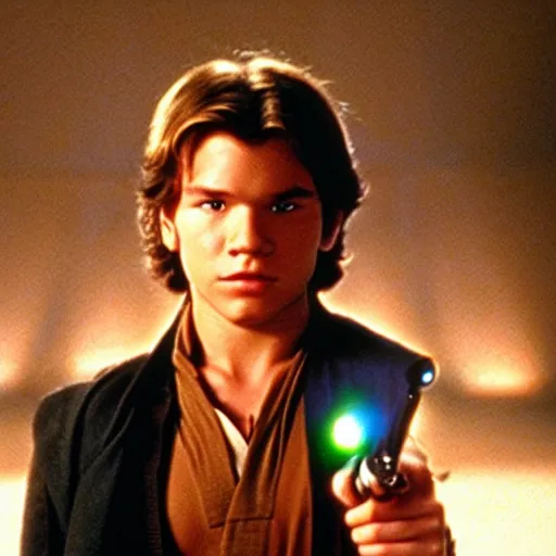 Image similar to A full color still from a film of a teenage Han Solo as a Jedi padawan holding a lightsaber hilt, from The Phantom Menace, directed by Steven Spielberg, 35mm 1990