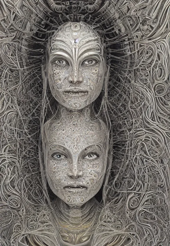 Image similar to perfectly centered portrait, front view of a beautiful biomechanical fractal robot buddha, female, flowing hair, intense stare, sarcastic smile, symmetrical, concept art, intricate detail, volumetric shadows and lighting, realistic oil painting by alex grey and gustave dore,