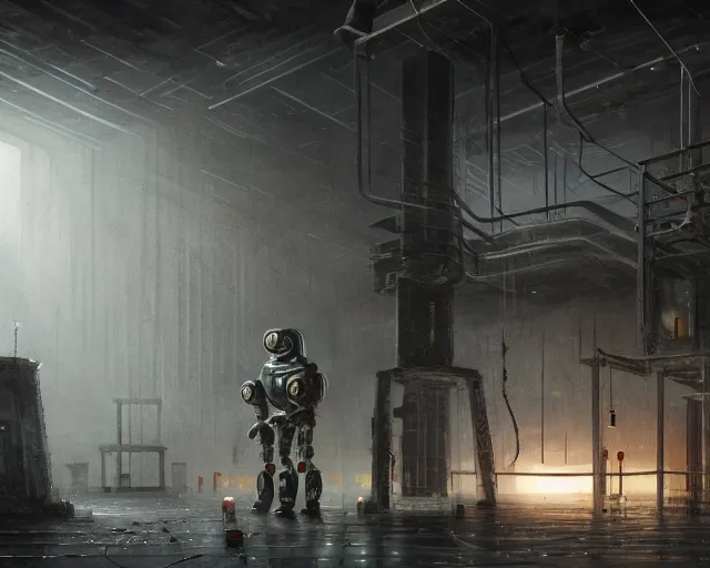 Image similar to gloomy ruined server room in datacenter robot figure automata headless robot knight colossus welder posing pacing fixing soldering mono sharp focus, emitting diodes, smoke, artillery, sparks, racks, system unit, motherboard, by pascal blanche rutkowski repin artstation hyperrealism painting concept art of detailed character design matte painting, 4 k resolution blade runner