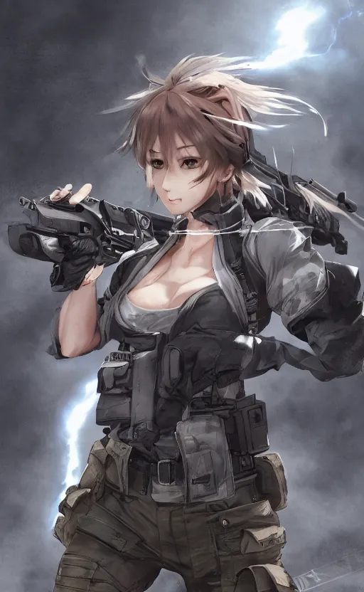 Prompt: highly detailed, high resolution, character design art, stunning, volumetric lightning, realistic guns, girls frontline style, matte, sharp focus, 130mm, illustration, artstation, by yusuke kozaki, realistic human anatomy, simple design, realistic military gear, metal gear style, realistic faces, comic