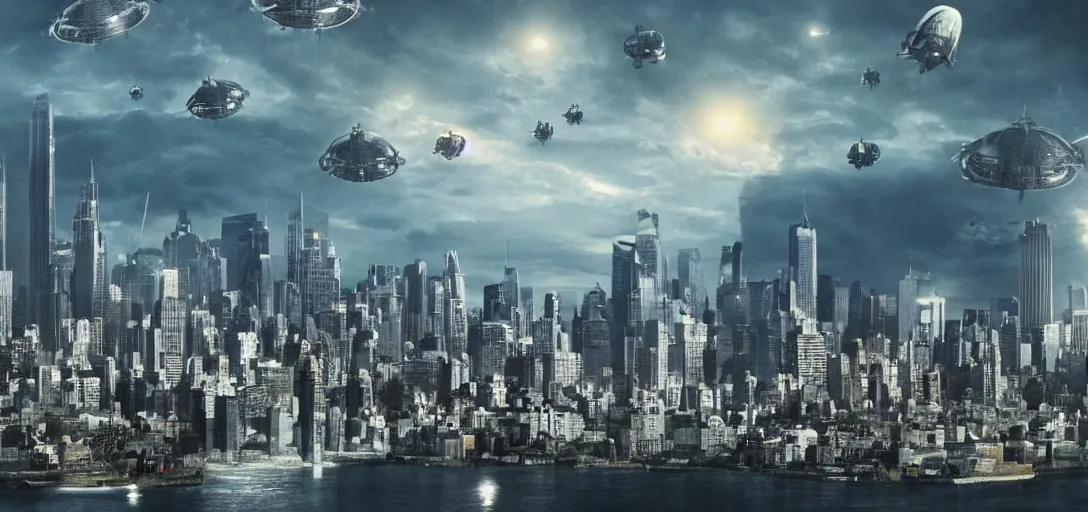 Image similar to very high resolution image from a new movie. a beautiful city landscape, alien invasion. 2 4 mm, photorealistic, photography, directed by atom egoyan