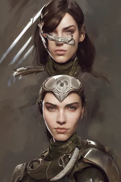 Image similar to a professionally painted portrait of an attractive young woman, clothed in military armor, olive skin, long dark hair, beautiful bone structure, symmetrical facial features, intricate, elegant, digital painting, trending on Artstation, concept art, smooth, sharp focus, illustration, from Metal Gear by Ruan Jia and Mandy Jurgens and Artgerm and William-Adolphe Bouguerea, award winning