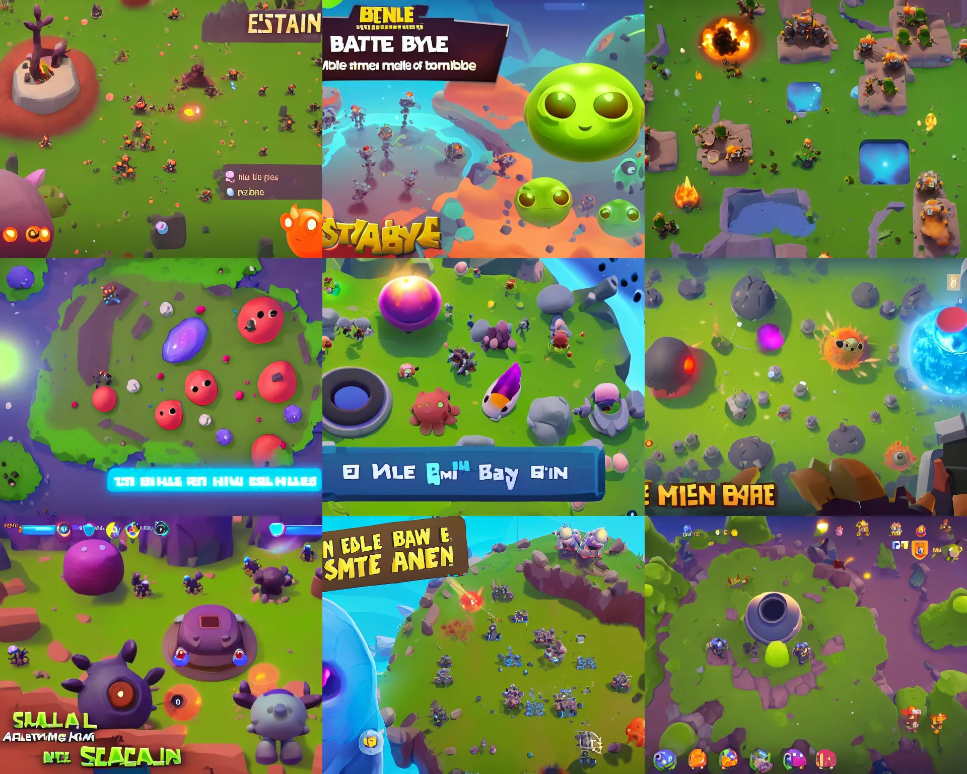 Prompt: main menu in mobile battle royale game about alien cute blob little animals that land on a planet with different biomes, craters, alien capsules, bushes in the visual style of Spore and Brawl Stars and little in Eternal Cylinder, view from above and slightly behind, game screenshot, with stamina and health ui and ux, epic battle in end of the game on small planet, world curvature, 3rd-person camera!