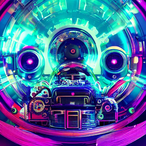 Image similar to album art, the album is called tripmachine, trance music, a huge steampunk mechanic machine made of loudspeakers and music intruments, with many gears and tubes and wires,, 8 k, fluorescent colors, halluzinogenic, multicolored, blue neon accents, exaggerated detailed, front shot, 3 d render, octane