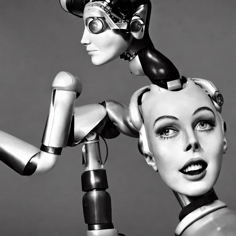 Image similar to 1950s future prediction of an artificially intelligent robot fashion model with stunning eyes smiling at the camera, award winning portrait photo by Annie Leibovitz, super detailed sigma 1.8 55mm boekin