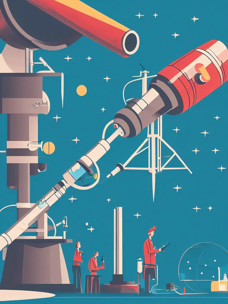 Image similar to editorial illustration scientific lab test tube telescope microscope spaceship, dynamic composition, detailed, matte print, dynamic perspective, colorful modern, mads berg