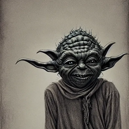 Image similar to horror goblin yoda, black blood dripping, creepy background, by john kenn mortensen and zdizslaw beksinski