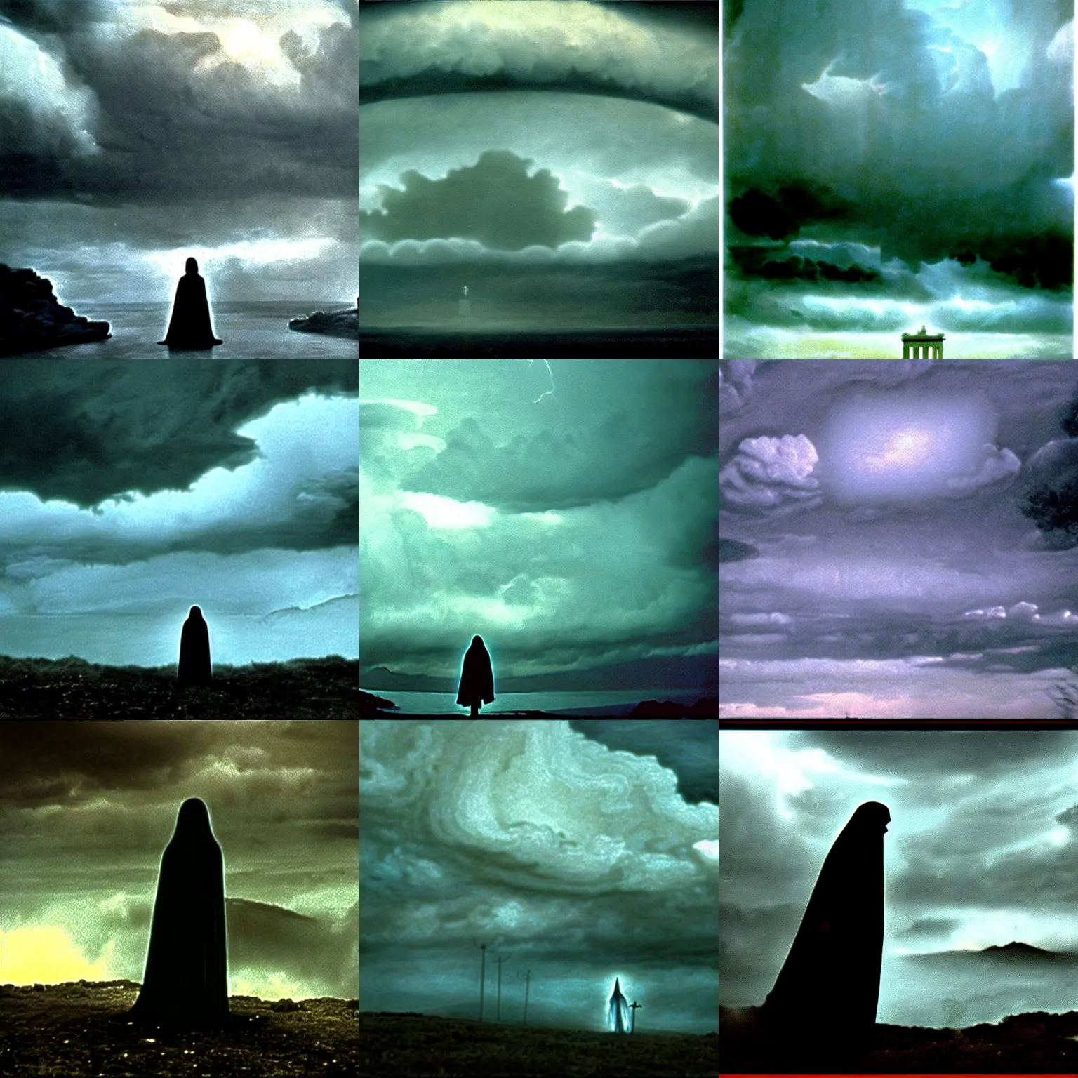 Prompt: eerie, greek fantasy landscape, a giant translucent shining ghost figure in the stormy clouds, stanley kubrick movie frame