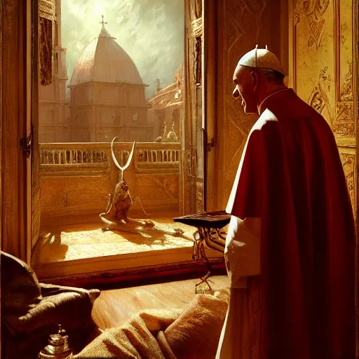 Image similar to the pope is in his bedroom, scared because a horned demon is attacking him. highly detailed painting by gaston bussiere, greg rutkowski, craig mullins 8 k