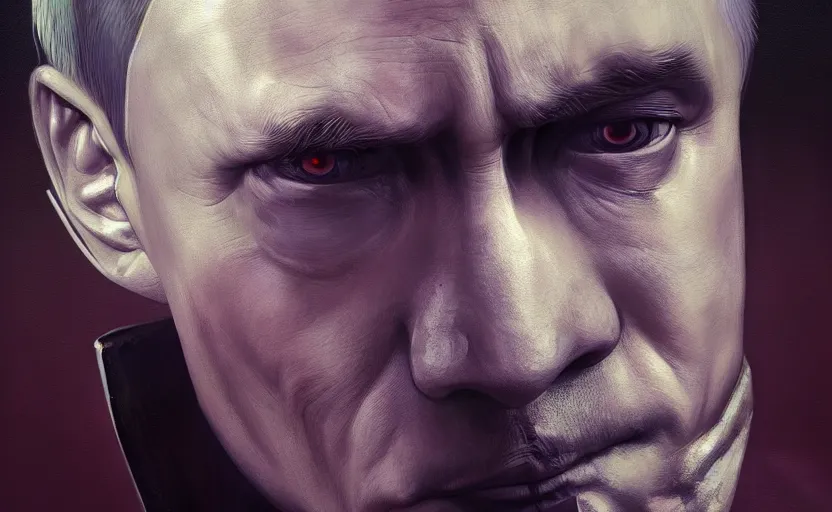 Image similar to closeup painting of putin, cyberpunk, portrait, hyperdetailed, artstation, cgsociety, 8 k, synthwave by tangerine dream