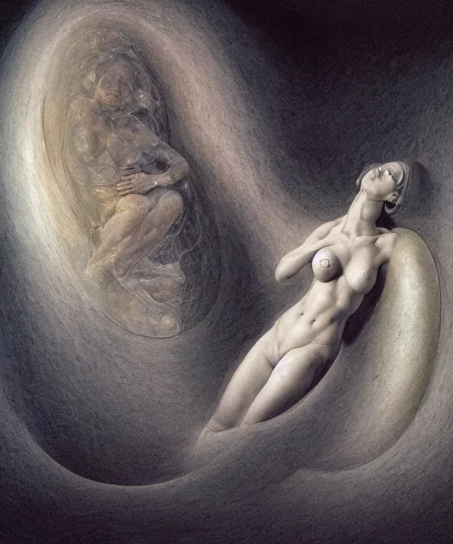 Prompt: Beautiful full-body wax sculpture of a glowing transparent woman inside egg in the singularity where stars becoming baroque folds of dark matter by Michelangelo da Caravaggio, Nicola Samori, William Blake, Alex Grey and Beksinski, dramatic volumetric lighting, highly detailed oil painting, 8k, masterpiece