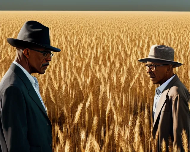 Image similar to extreme long shot of walter white wearing a black hat and gustavo fring standing facing each other from a distance in a wheat field, insanely detailed, low angle, side view, perfect angle, 8 5 mm photograph, 8 k resolution, wide shot, sharp lens, cinematic