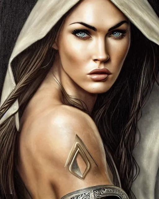 Image similar to portrait of beautiful megan fox as greek goddess aphrodite, archer, arrow on the head, beautiful piercing eyes, flowing blonde hair, realistic face, black and white drawing, in the style of greg rutkowski, fantasy, amazing detail, epic, intricate, elegant, smooth, sharp focus