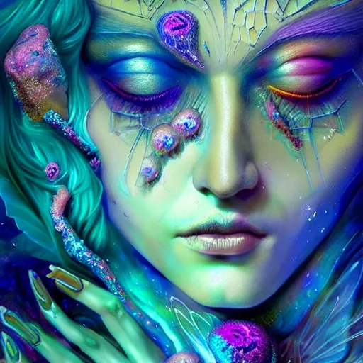 Image similar to An extremely psychedelic crystalline soul fairy, multifaceted, crystals, surreal, dramatic lighting, magic mushrooms, psilocybin, LSD, face, detailed, intricate, elegant, lithe, highly detailed, digital painting, artstation, concept art, smooth, sharp focus, illustration, art by Krenz Cushart and Artem Demura and alphonse mucha