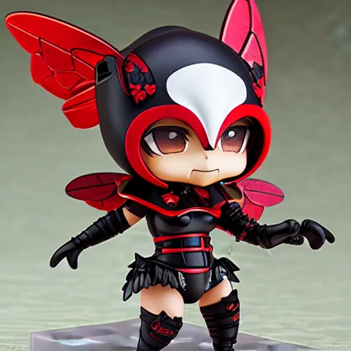 Image similar to photograph of cute bee nendoroid with themed black armor with crimson metal wings, portrait, hyperdetailed, artstation, cgsociety, 8 k, by tangerine dream