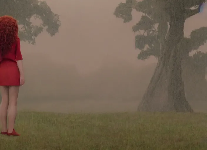 Prompt: A very high resolution image from a new movie, landscape from a car window , teen red hair woman, raining, hot, directed by wes anderson