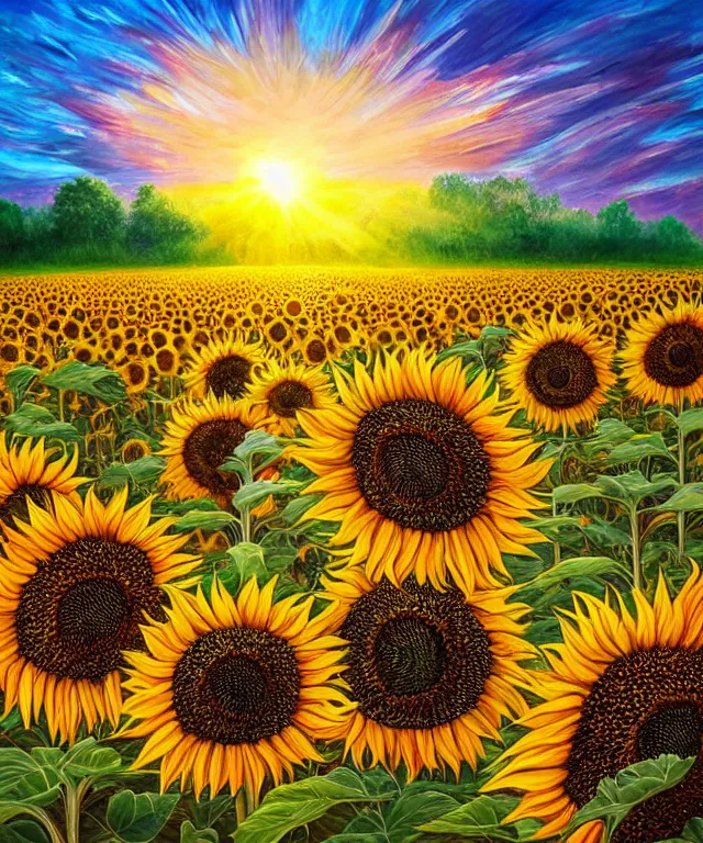 Image similar to sunflower garden, heavenly, sun rays, intricate, colorful, highly detailed, digital painting, smooth, sharp focus, illustration